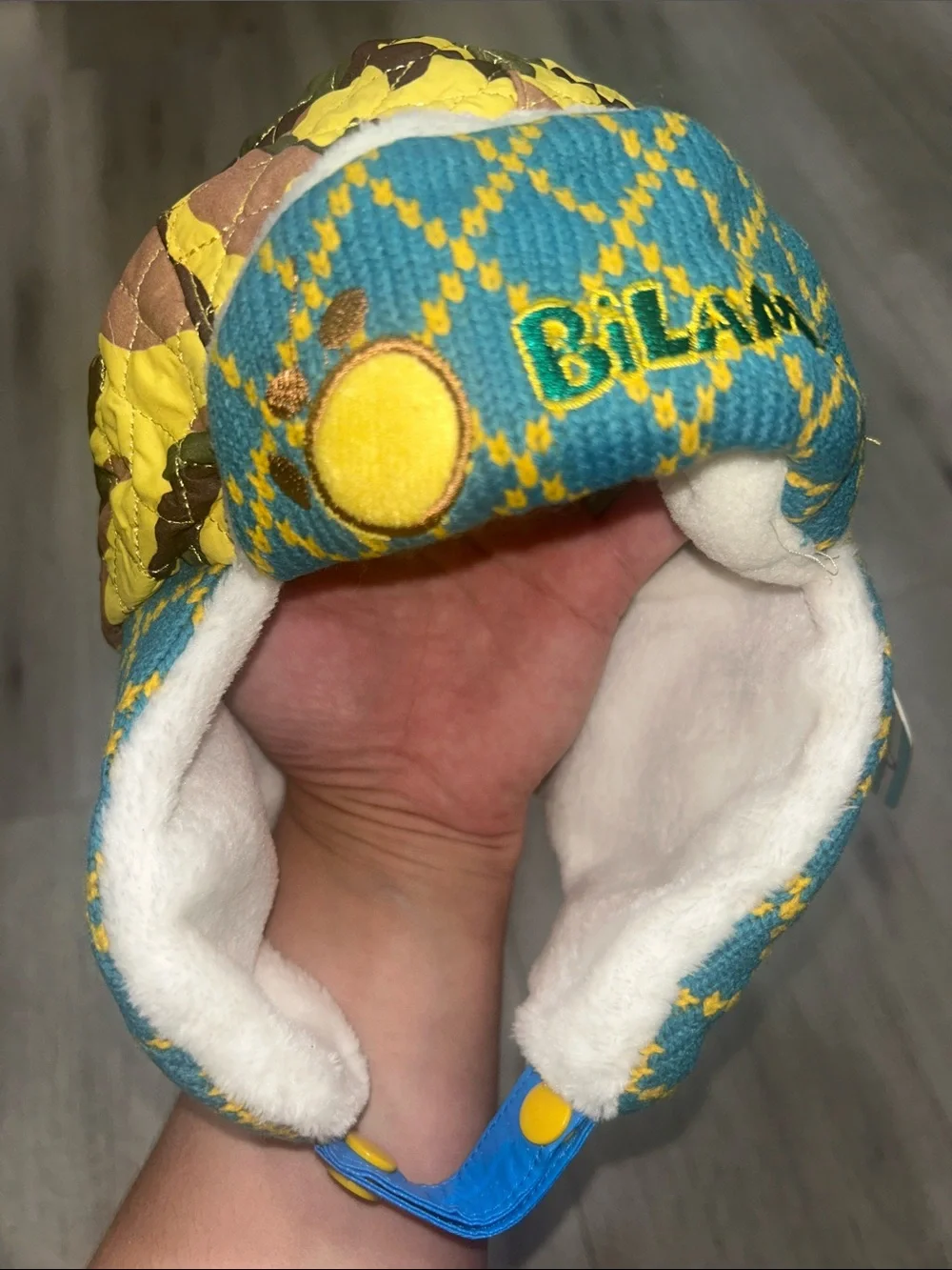 Bila Kids Yellow & Teal Quilted Bear Earflap Hat NWT